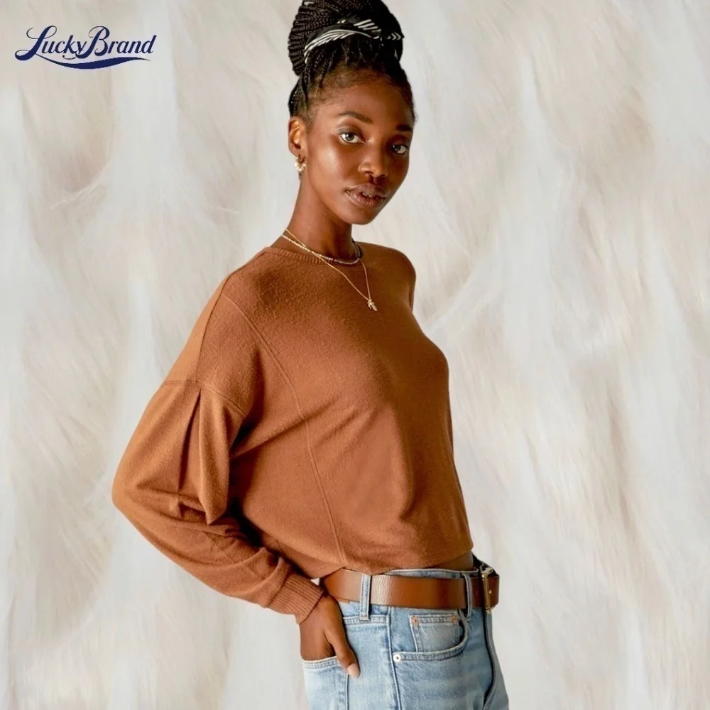 LUCKY BRAND Cloud Jersey Exposed Seam Relaxed Long Sleeve Top-Caramel/Lg/NWT